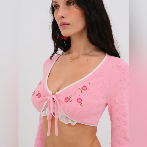 For Love And Lemons Pink Cherry Embroidered Intimate Set Top - Picture 2 of 4
